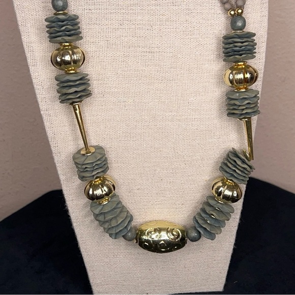 Vintage Beaded Necklace Gold Olive Grey Tribal Textured Boho Bohemian Chunky - Picture 4 of 10